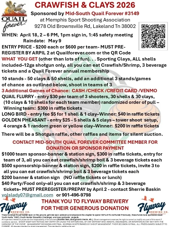 Flyer for Crawfish and Clays 2026 event.